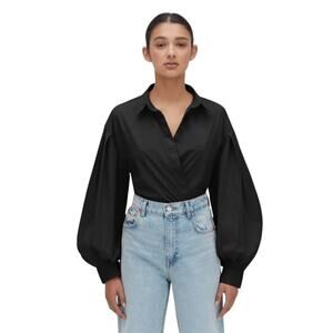 Cuyana Black Organic Cotton Poplin Balloon Sleeve Button Down Shirt
